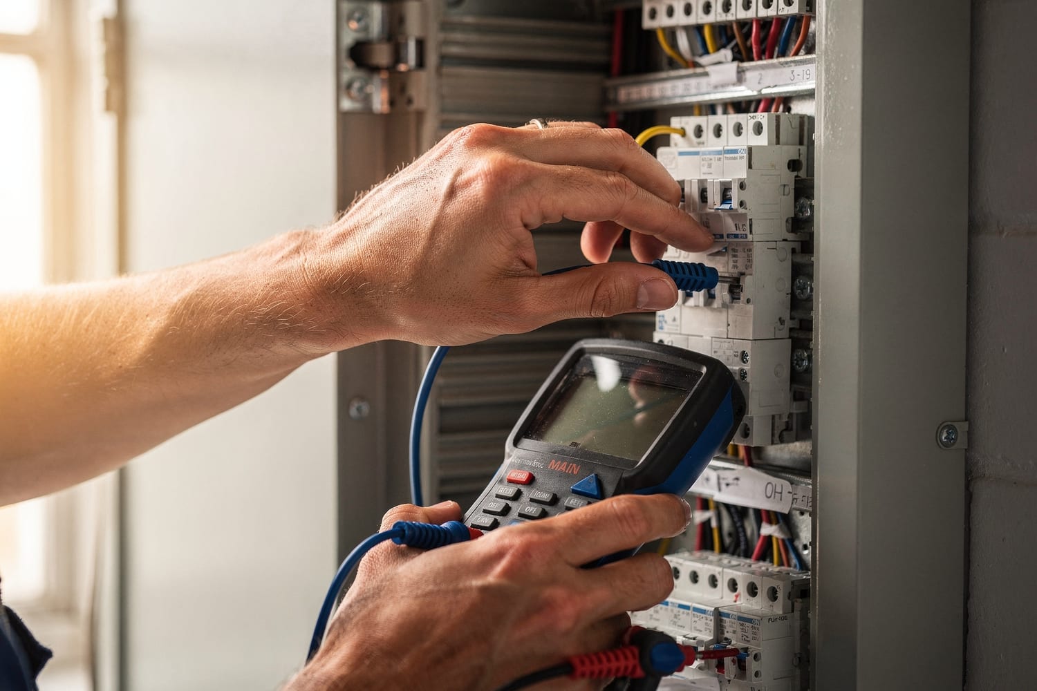 A licensed electrician testing a residential breaker panel with a voltage meter