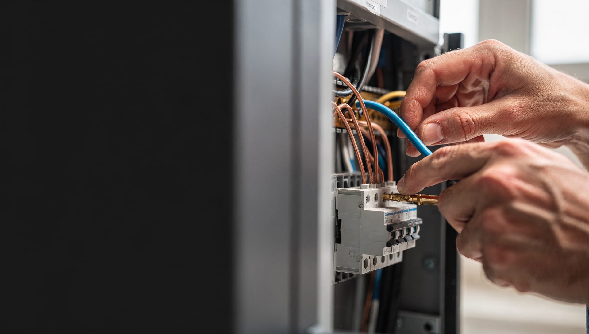 Copper conductors and an electric-blue wire being landed cleanly into a breaker terminal