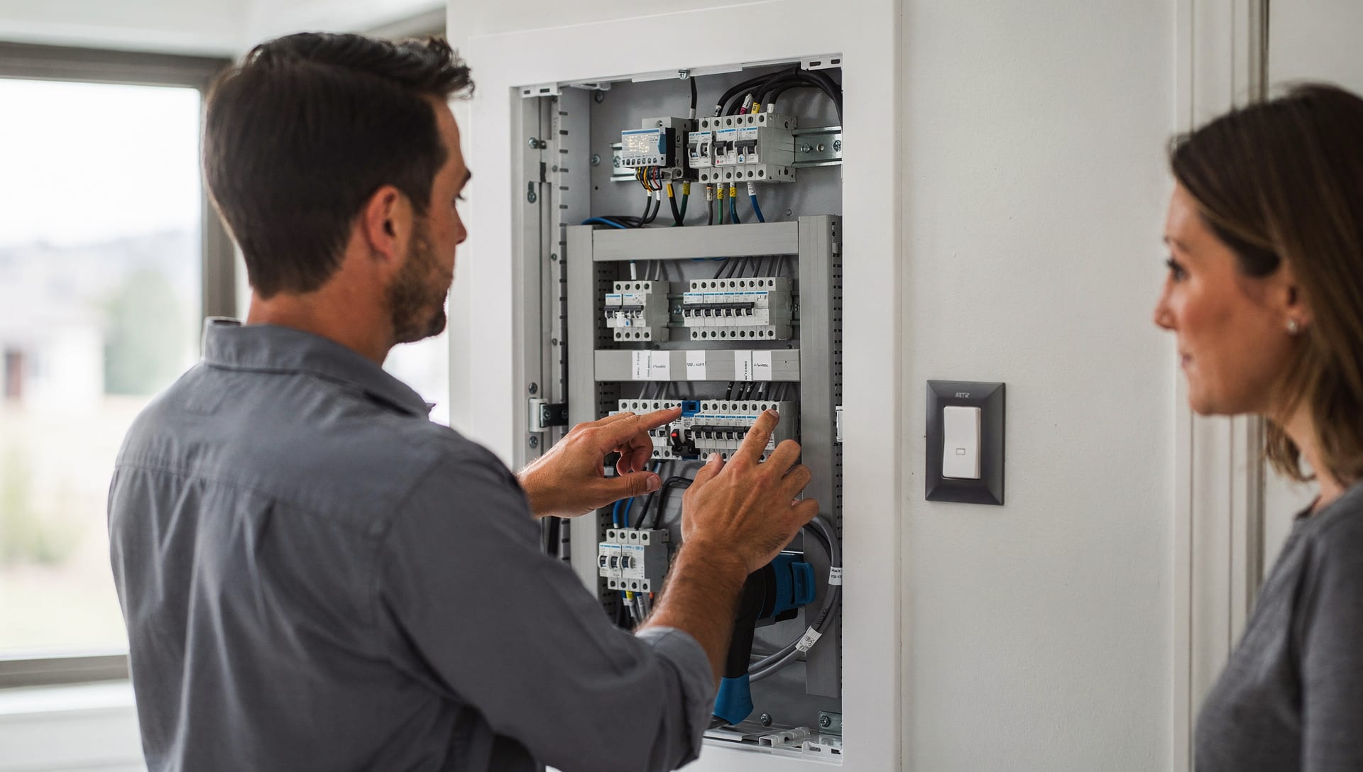 A licensed electrician explaining an open breaker panel to a relieved homeowner