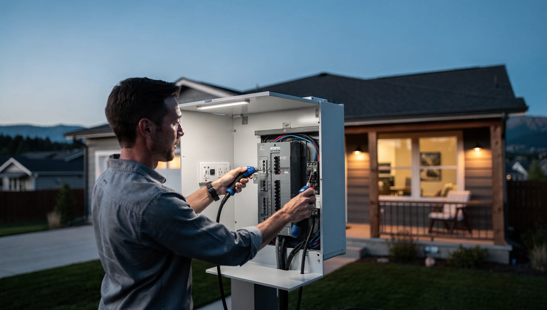 An electrician finishing work at an upscale Highlands Ranch home at dusk, warm windows lit