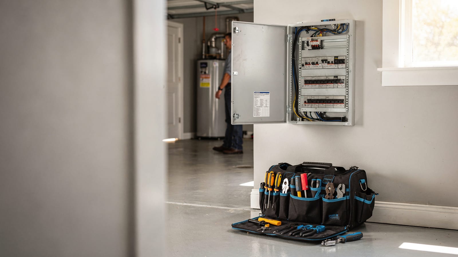 A clean, open residential electrical panel with a tidy tool bag in a bright Highlands Ranch garage